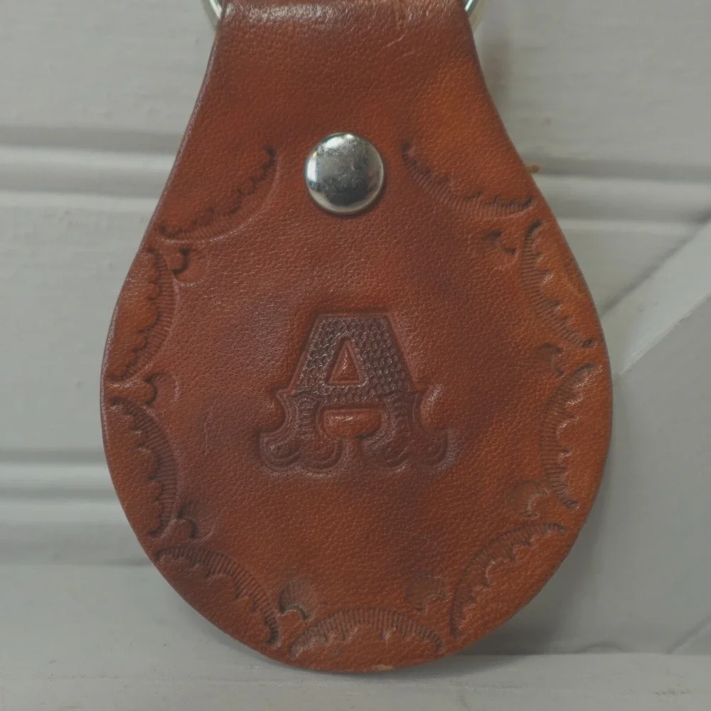 Vintage Leather Keychain Letter A Tooled Stamped Initial Bag Charm Boho Unisex